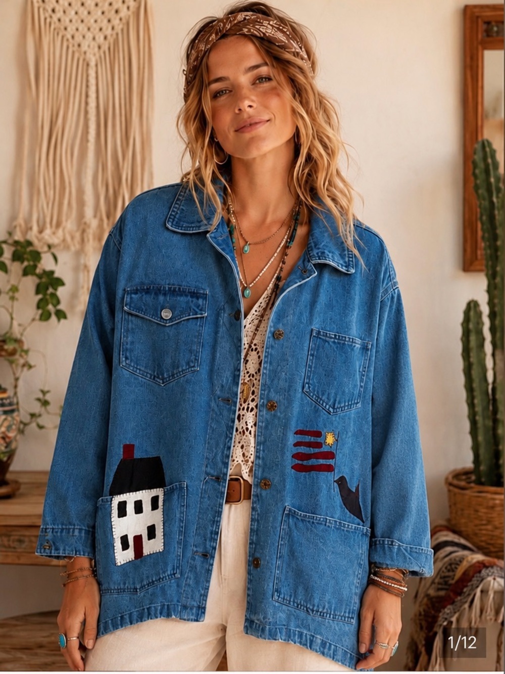 Vintage 90’s Denim Chore Jacket Primitive Folk Art